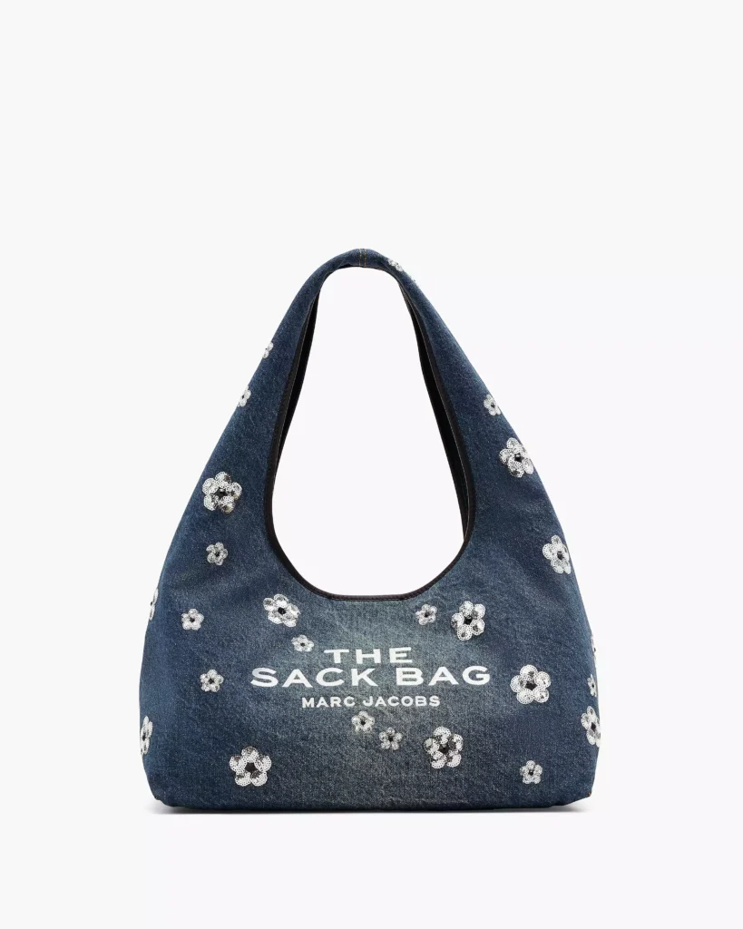 THE SEQUIN DAISY DENIM SACK BAG