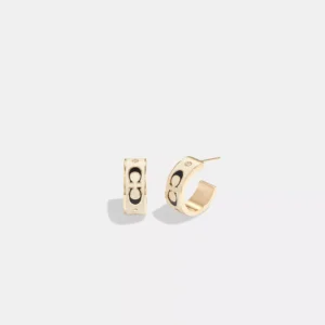 Signature Enamel Huggie Earrings / Gold White